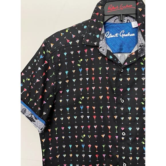 ROBERT GRAHAM BLACK NEON MARTINI PRINT S/S STRETCH SHIRT ROLL CUFF SZ S